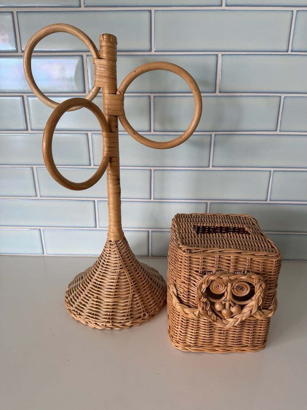 Vintage Wicker Rattan Towel Stand and Owl Tissue Box Cover Set